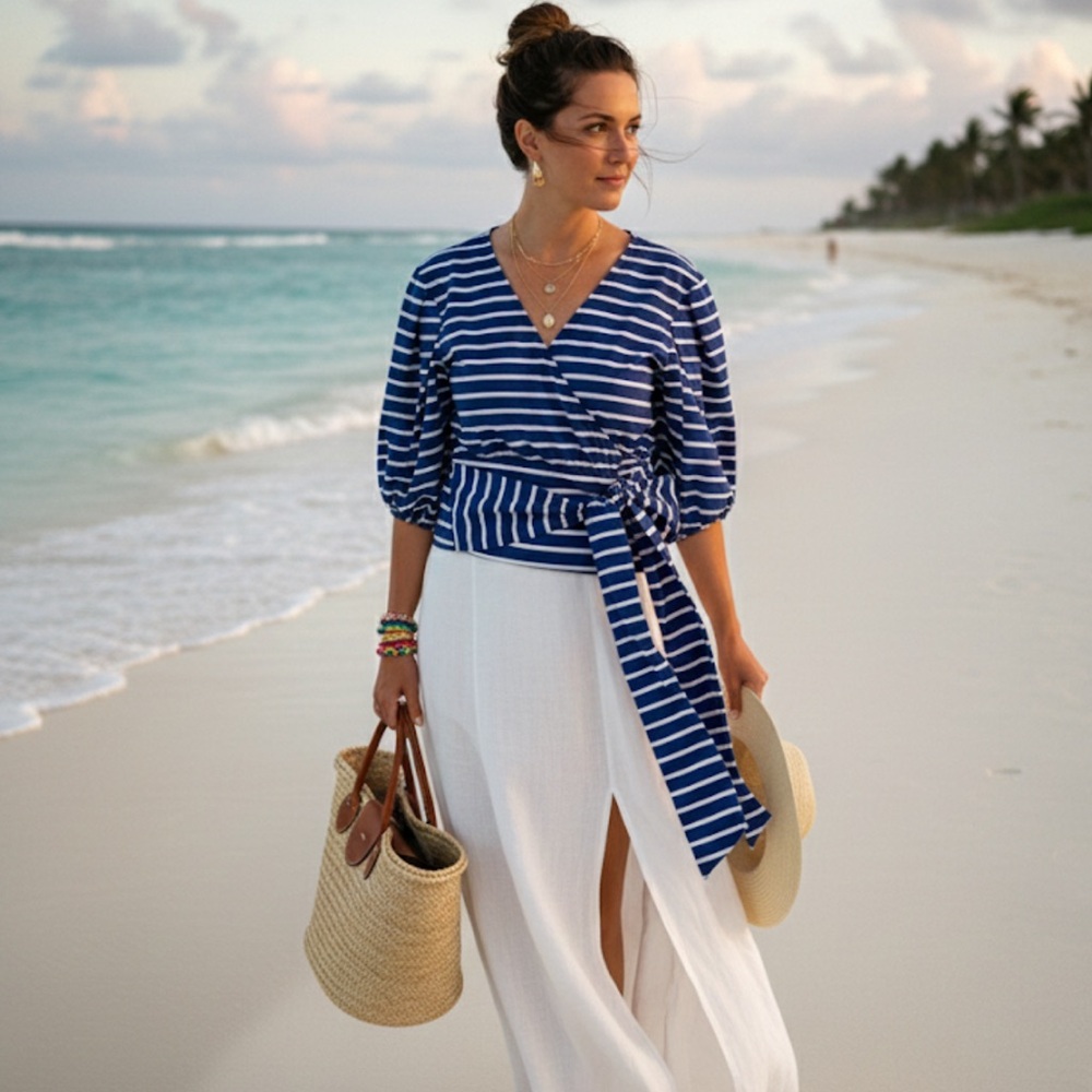 New York & Company | Nautical Striped Wrap Blouse with Puff Sleeves SIZE L